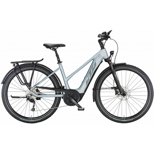 KTM MACINA TOUR P510 (500 Wh), 9 Gang Kettenschaltung, Damenfahrrad, Trapez, Modell 2024, 28 Zoll 51 cm azzurro silver matt (grey+blue)