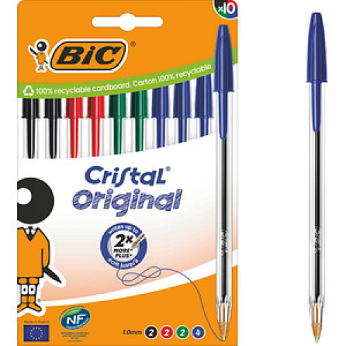 BIC Kugelschreiber Cristal Original transparent Schreibfarbe farbsortiert, 10 St.