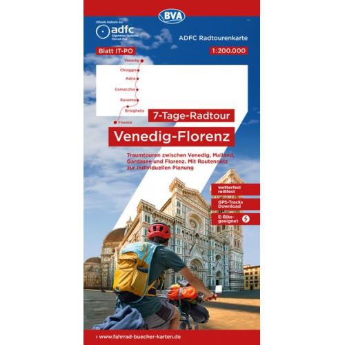 ADFC-Radtourenkarte IT-PO 7-Tage-Radtour Venedig-Florenz, 1:200.000, reiß- und wetterfest, E-Bike-geeignet, GPS-Tracks Download, mit Kilometer-Angaben