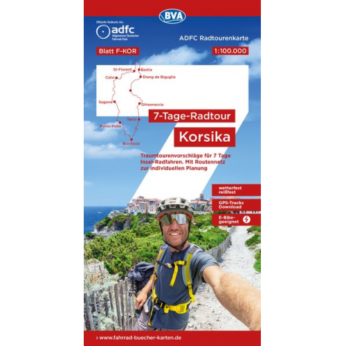 ADFC-Radtourenkarte F-KOR 7-Tage-Radtour Korsika, 1:100.000, reiß- und wetterfest, E-Bike geeignet, GPS-Tracks Download, mit Kilometer-Angaben