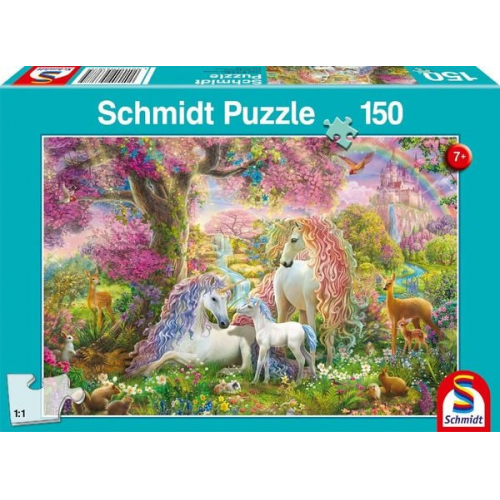 Schmidt Spiele 56387 - Einhornfamilie im Blütenwald, Kinderpuzzle Standard 150 Teile