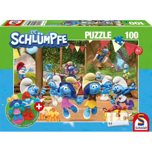 Schmidt Spiele 56523 - Verschlumpfte Party, 100 Teile, Kinderpuzzle Die Schlümpfe mit Add-on