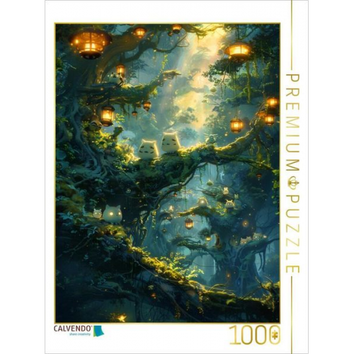 CALVENDO Puzzle Nachts im Wald - Waldgeister im Anime Stil | 1000 Teile Lege-Größe 64x48cm Foto-Puzzle für glückliche Stunden