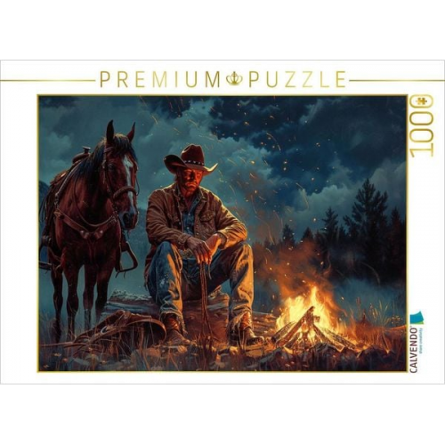 CALVENDO Puzzle Verdienter Feierabend - Cowboy und Pferd am Lagerfeuer | 1000 Teile Lege-Größe 64x48cm Foto-Puzzle für glückliche Stunden