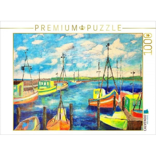 CALVENDO Puzzle Buntes Gemälde vom alten Hafen von Sassnitz auf Rügen | 1000 Teile Lege-Größe 64x48cm Foto-Puzzle für glückliche Stunden