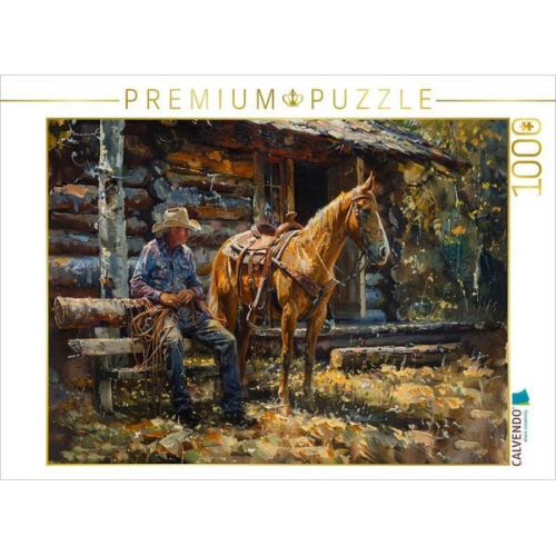 CALVENDO Puzzle Die Hütte im Wald - Cowboy und sein Pferd | 1000 Teile Lege-Größe 64x48cm Foto-Puzzle für glückliche Stunden