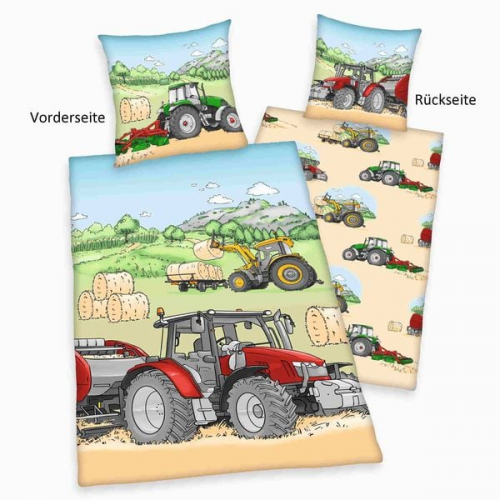 Young Collection 4651243050 - Traktor Flanell-Bettwäsche, 80x80 cm + 135x200 cm, 100% Baumwolle