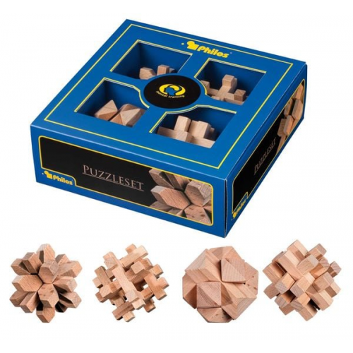 Philos 3501 - Puzzleset 1, Holz, 4-teilig, Puzzlespiele, Denkspiele, Knobelspiele, Schwierigkeitsgrad: mittelschwer, Geschenkbox