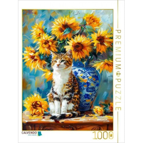 CALVENDO Puzzle Katze im Stillleben mit Sonnenblumen in Blumenvase im impressionistischen Stil | 1000 Teile Lege-Größe 64x48cm Foto-Puzzle für glückli