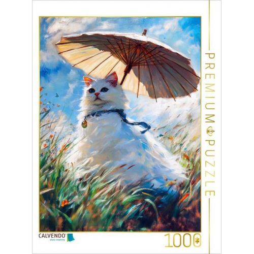 CALVENDO Puzzle Katze auf Wiese mit Sonnenschirm im impressionistischen Stil | 1000 Teile Lege-Größe 64x48cm Foto-Puzzle für glückliche Stunden