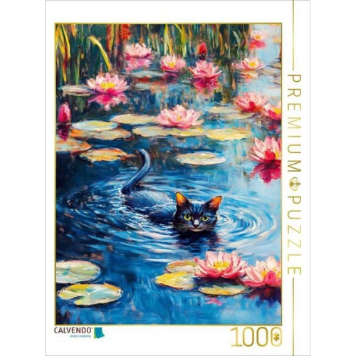 CALVENDO Puzzle Katze schwimmt im Seerosenteich des impressionistischen Gartens | 1000 Teile Lege-Größe 64x48cm Foto-Puzzle für glückliche Stunden