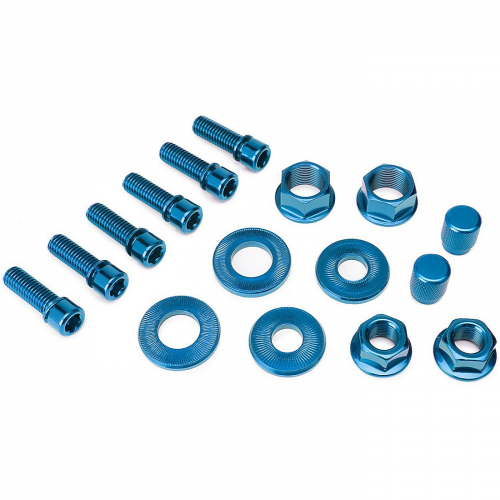 Salt nut&bolt hardware pack 1 paar ventilkappen 3/8" & 14 mm achsmuttern 6 stk. vorbauschrauben blau