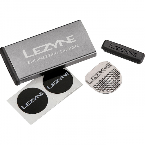 Lezyne-reparaturset aus metall alu-box 6 x flicken 1 x abrieb 1 x reifenstiefel grau