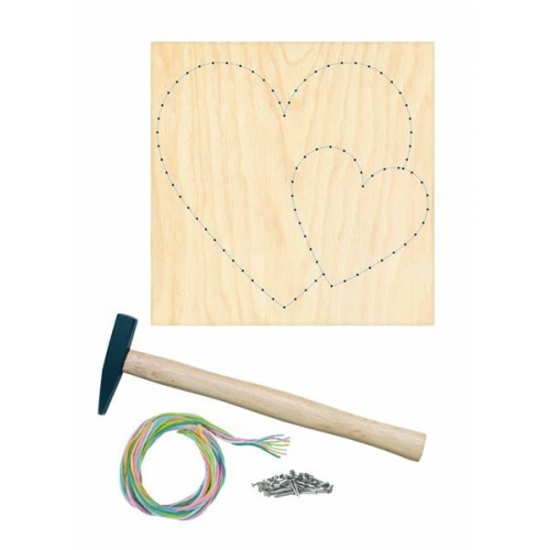 PEBARO NB6-SET - Nagelbild-Set Herz, Fadenbild 20x20cm, String Art Bastelset inkl. Garn, Hammer und Nägel