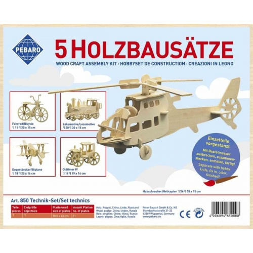 PEBARO 850 - Holzbausatz Technik-Set, Lokomotive, Fahrrad, Hubschrauber, Oldtimer und Doppeldecker