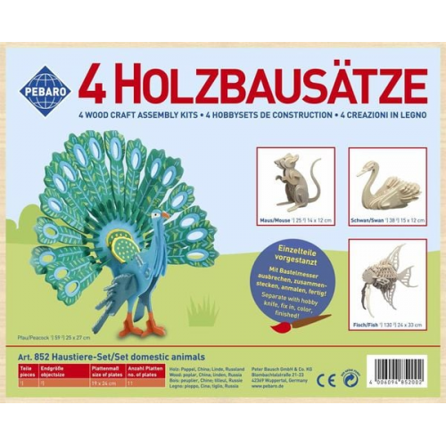 PEBARO 852 - Holzbausatz Haustier-Set, Pfau, Fisch, Maus und Schwan