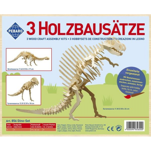 PEBARO 856 - Holzbausatz Dinosaurier-Set, Brontosaurus, Tyrannosaurus, Ouranosaurus, 3 Holzkontruktionen zum Zusammenstecken