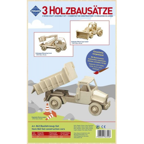 PEBARO 863 - Holzbausatz Baufahrzeug-Set, Radlader, Hubwagen, Kipplader, Holz, 3 Holzkonstruktionen zum Zusammenstecken