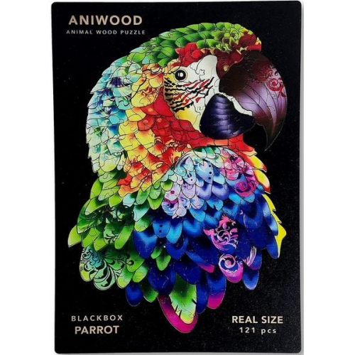 Aniwood J2314M - Animal Wood Puzzle, Blackbox Parrot M, Papagei, Holz-Puzzle, 121 Teile