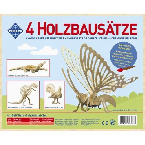 PEBARO 860 - Holzbausatz Tier-Set, Hahn, Ouranosaurus, Krokodil, Schmetterling, 4 Holzkonstruktionen zum Zusammenstecken