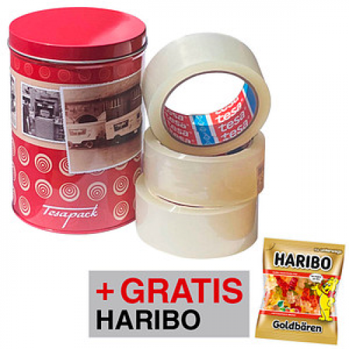 AKTION: tesa Packbänder tesapack® 4195 inkl. Retrodose transparent 50,0 mm x 66,0 m 3 Rollen + GRATIS HARIBO Goldbären 100g