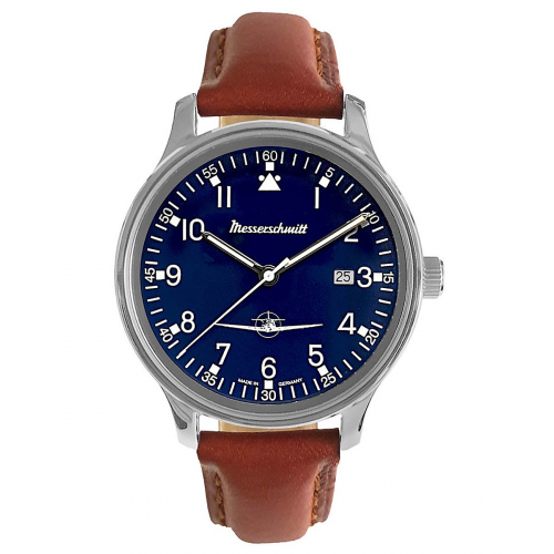 Messerschmitt ME42-108L Herrenuhr Flieger mit Lederband Braun/Blau