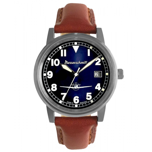 Messerschmitt ME-9673-108L Fliegeruhr in Unisexgröße Leder Braun/Blau