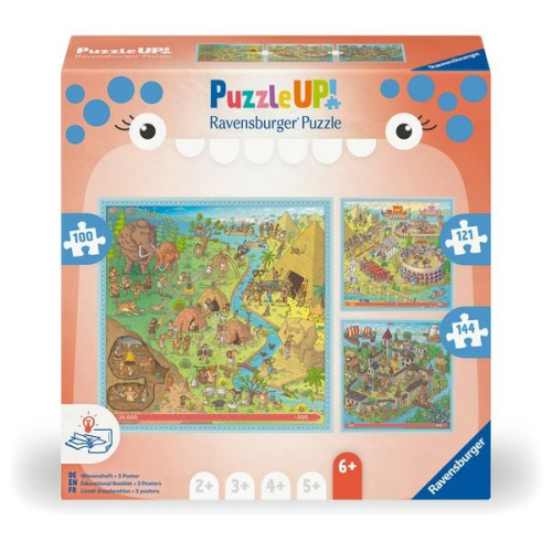 Puzzle UP! Geschichte von Ravensburger, 12004005 - 3 Puzzles mit 100, 121, 144 Teilen zum Kombinieren und mit extra Wissensheft, für Kinder im Alter v