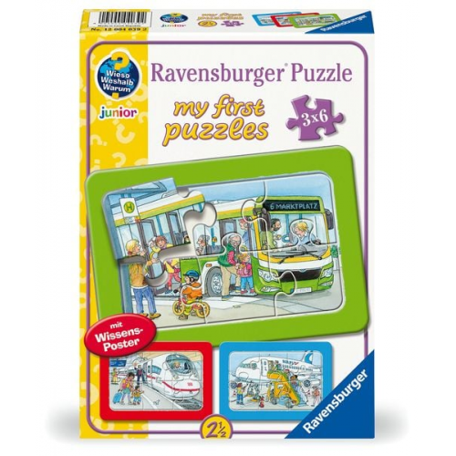 Ravensburger Kinderpuzzle - 12004039 Unterwegs mit Bus, Bahn und Flugzeug - my first puzzle mit 3x6 Teilen und mit Wieso? Weshalb? Warum? Wissensposte