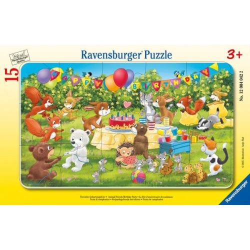 Ravensburger Kinderpuzzle - 12004042 Tierische Geburtstagsfeier - Rahmenpuzzle für Kinder ab 3 Jahren, mit 15 Teilen