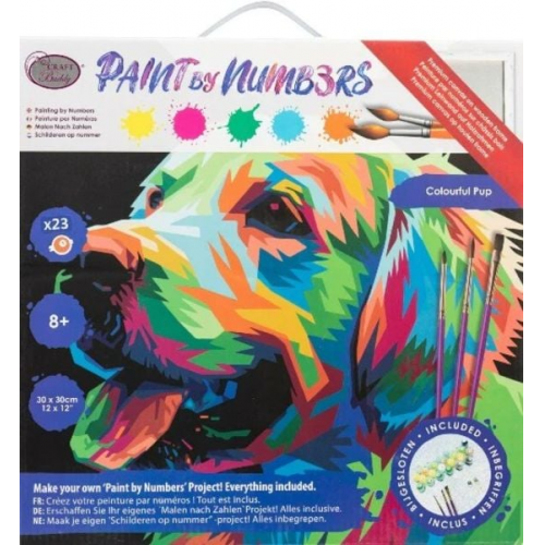 Craft Buddy PBN-3030-017 - Paint by Numbers, Colourful Pup, Bunter Welpe, 30x30cm, Malen-nach-Zahlen