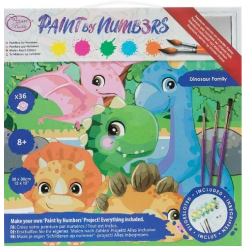 Craft Buddy PBN-3030-019 - Paint by Numbers, Dinosaur Family, 30x30cm, Malen-nach-Zahlen Kids