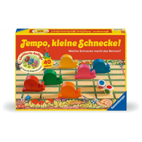 Ravensburger Kinderspiel 23034 - Tempo kleine Schnecke 40 Jahre Jubiläum, beliebtes Schneckenrennen mit zusätzlicher Siegerehrung, Brettspiel für Mädc