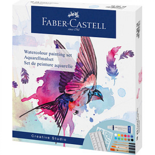 FABER-CASTELL Aquarell Bastelfarben-Set farbsortiert 12 Tuben  5,0 ml Tuben, 4 Synthetik-Pinsel, 1 Schablone und 1 Mischpalette  ml