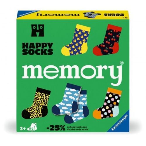 Ravensburger 24702 memory® Happy Socks. Der Ravensburger Spieleklassiker in Kooperation mit Happy Socks. Gesucht werden 32 fröhlich bunte Sockenpaare