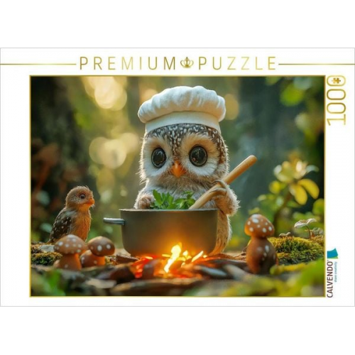 CALVENDO Puzzle Süße Eule kocht am Lagerfeuer - Köstliche Waldgerichte von der Eulenköchin | 1000 Teile Lege-Größe 64x48cm Foto-Puzzle für glückliche