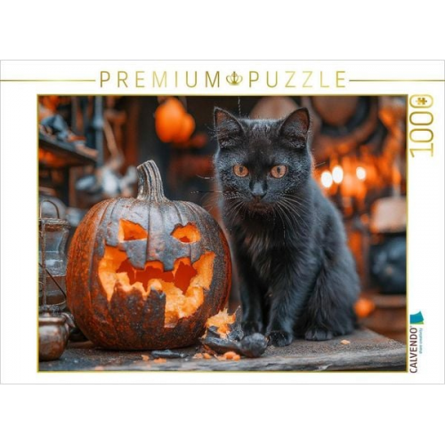 CALVENDO Puzzle Schwarze süße Katze und Halloween-Kürbis im Kerzenschein | 1000 Teile Lege-Größe 64x48cm Foto-Puzzle für glückliche Stunden