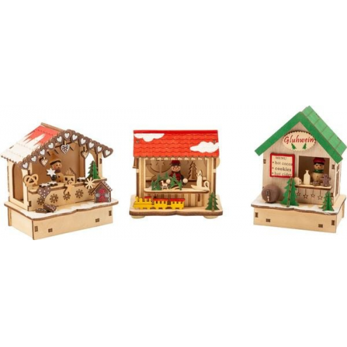 Small foot 11390 - Weihnachtsmarkt-Hütten mit Beleuchtung, 3-teilig, Deko, Holz