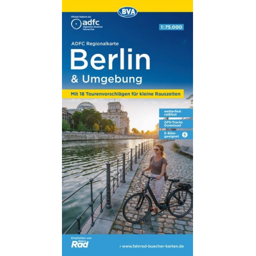 ADFC-Regionalkarte Berlin und Umgebung, 1:75.000, mit Tagestourenvorschlägen, reiß- und wetterfest, E-Bike-geeignet, mit Knotenpunkten, GPS-Tracks Dow