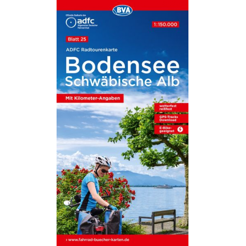 ADFC-Radtourenkarte 25 Bodensee Schwäbische Alb 1:150.000, reiß- und wetterfest, E-Bike geeignet, GPS-Tracks Download, mit Kilometer-Angaben