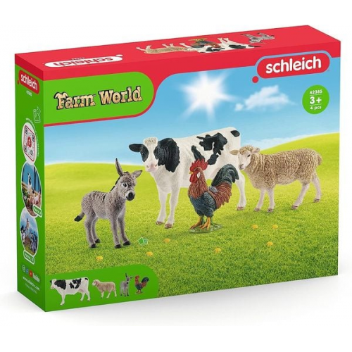 Schleich 42385 - Farm World Starter-Set (Kuh, Esel, Hahn, Schaf), 4-teilig