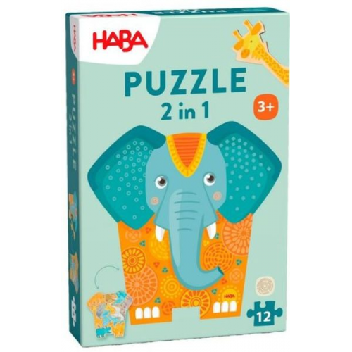 HABA 2011068001 - Puzzle 2in1, Elefant, 2-seitiges Holzpuzzle, 12 Teile