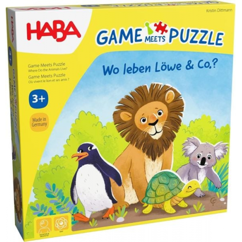 HABA 2011724001 - Game Meets Puzzle, Wo Leben Löwe & Co.?, Würfelspiel & Puzzle, Kinderspiel