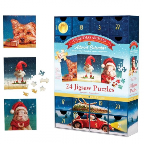 Eurographics 8924-5734 - Adventskalender Funny X-mas Animals, 24 Puzzles je 50 Teile