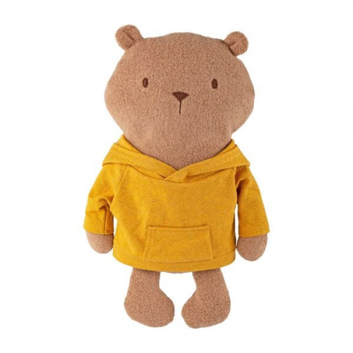 Sigikid 52903 - Kuschelfreunde Mister OLui, Biberbär mit gelbem Hoodie, Teddyfleece-Stofffigur, ca. 34 cm