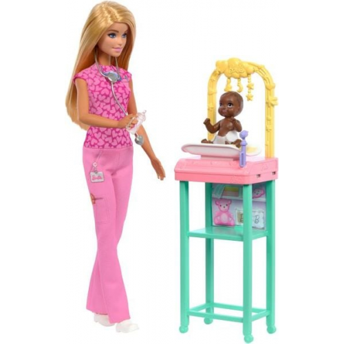 Barbie Kinderärztin-Puppe mit blonder Modepuppe, 1 Baby-Patientenpuppe, Möbel