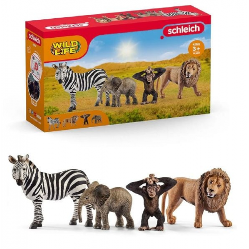 Schleich 42721 - Wild Life, Afrika Starter Set, 4-teilig, (Löwe/Zebra/Elefant/Schimpanse)