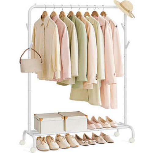 SONGMICS Rollgarderobe weiß Metall 4 Haken 103,5 x 155,0 cm