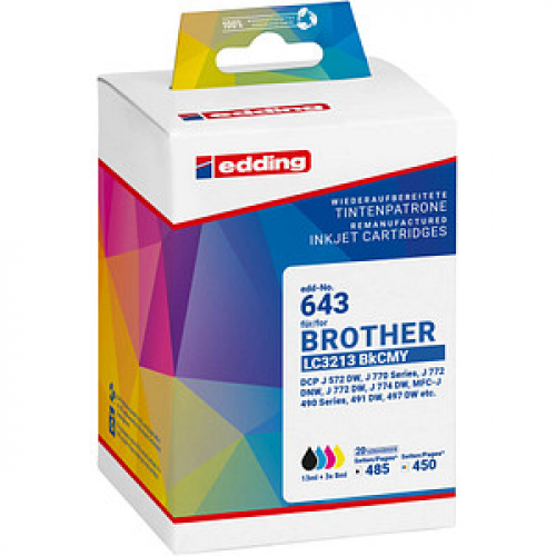 edding EDD-643  schwarz, cyan, magenta, gelb Druckerpatronen kompatibel zu brother LC3213 BKCMY , 4er-Set