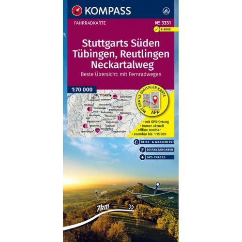 KOMPASS Fahrradkarte 3331 Stuttgarts Süden, Tübingen, Reutlingen, Neckartalweg 1:70.000